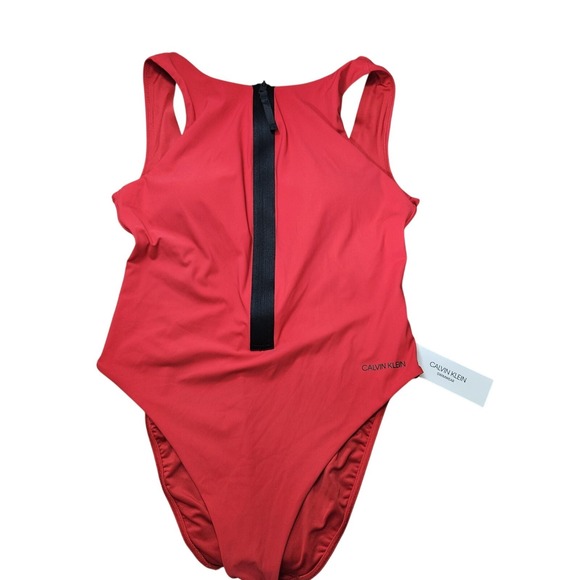 Calvin Klein Swimsuit‎ Womens Small Red One Piece Zip Front Swimwear Logo New - Picture 4 of 13